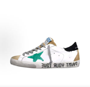 Golden Goose Super-Star Leather Round Toe Lace-up Flat Low-top Stylish Sneakers, Men's, White and Green Distressed Style
