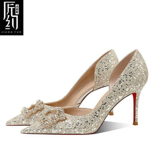 Christiana حذاء كعب عالي Glitter مزين بـ Crystal Buckle أنيق.