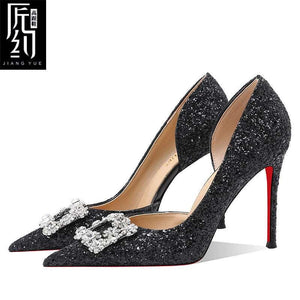 Christiana حذاء كعب عالي Glitter مزين بـ Crystal Buckle أنيق.