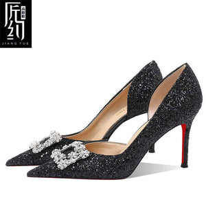 Christiana حذاء كعب عالي Glitter مزين بـ Crystal Buckle أنيق.