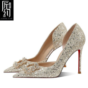 Christiana حذاء كعب عالي Glitter مزين بـ Crystal Buckle أنيق.