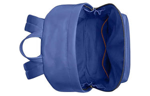 Top open view of an original Coach Westway 32 blue leather school backpack showing spacious main compartment with interior pocket.
عرض علوي مفتوح لحقيبة ظهر مدرسة كوتش ويست واي 32 أصلية جلد باللون الأزرق يوضح المساحة الرئيسية الواسعة مع جيب داخلي.