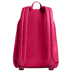 Full back view of an authentic Coach Westway 32 fuchsia leather backpack featuring a sturdy top handle and comfortable shoulder straps.
عرض خلفي كامل لحقيبة ظهر كوتش ويست واي 32 أصلية جلد باللون الفوشيا يتميز بمقبض علوي متين وأحزمة كتف مريحة.