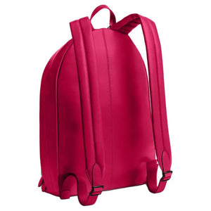 Side angle back view of an original Coach Westway 32 fuchsia leather backpack showing padded adjustable shoulder straps.
عرض زاوي جانبي خلفي لحقيبة ظهر كوتش ويست واي 32 أصلية جلد باللون الفوشيا يوضح أحزمة الكتف المبطنة وقابلة للتعديل.