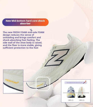 Informative infographic highlighting the breathable upper mesh and comfort features of نيو بالانس للنساء والرجال running sneakers.