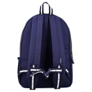 Back view of an authentic Ralph Lauren navy backpack showing padded adjustable shoulder straps with striped webbing details for extra comfort.
الجهة الخلفية لحقيبة ظهر رالف لورين كحلي أصلية توضح أحزمة الكتف المبطنة والقابلة للتعديل مع تفاصيل الأشرطة المخططة لراحة إضافية.