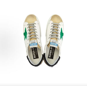 Golden Goose Super-Star Leather Round Toe Lace-up Flat Low-top  Stylish Sneakers, Men's, White and Green Distressed Style