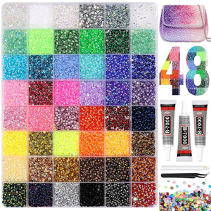 48 compartment flatback rhinestones kit - أحجار الراين 48 خانة وفصوص كريستالية