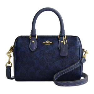 COACH Rowan 18 Detachable Shoulder Strap Top Zipper Closure Artificial Leather Boston Handbag Small Women's Navy Blue
