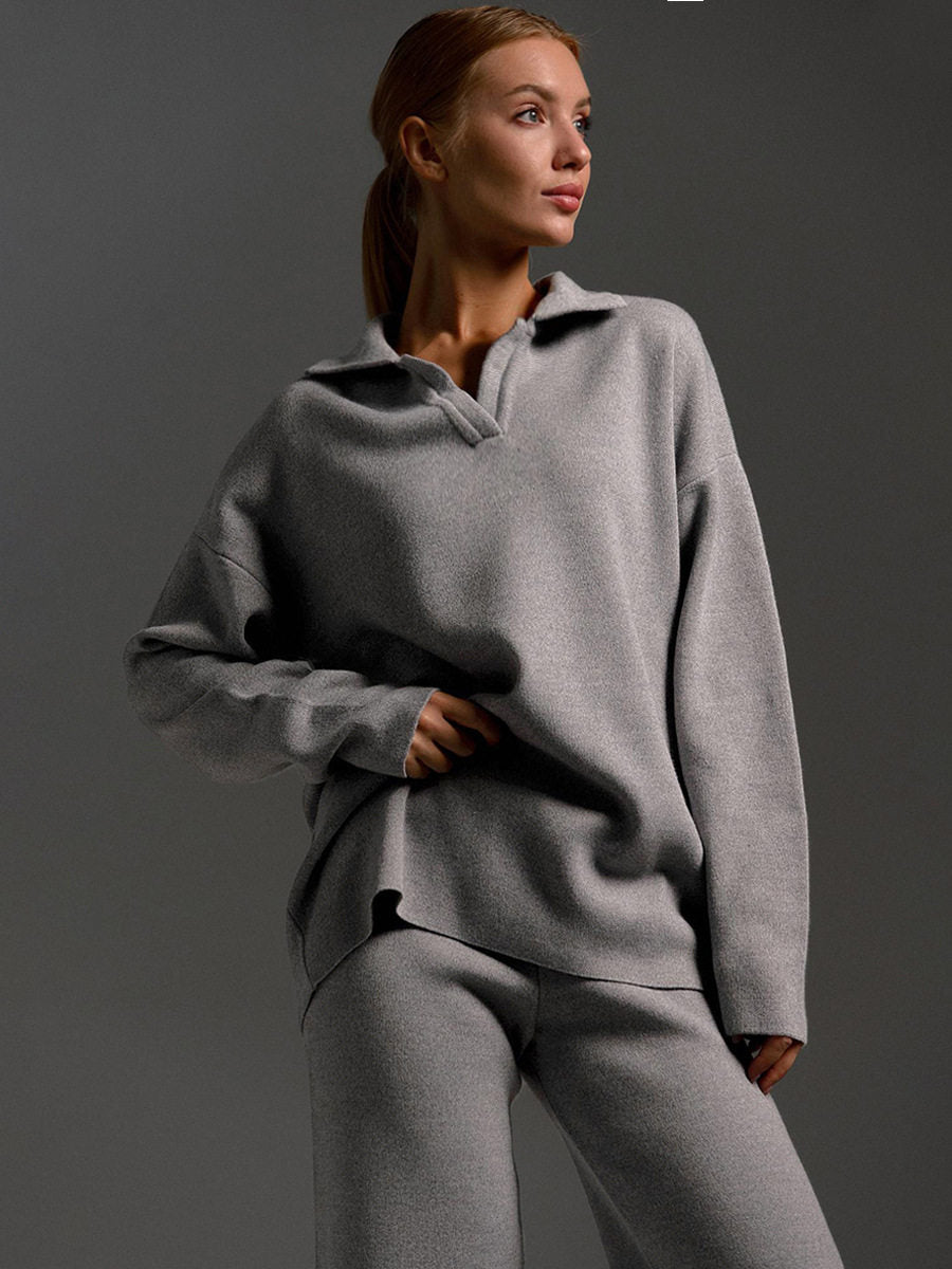 European and American autumn and winter sweaters, knitted polo collar pullovers, wide-leg trouser sets, Sweater and pants set