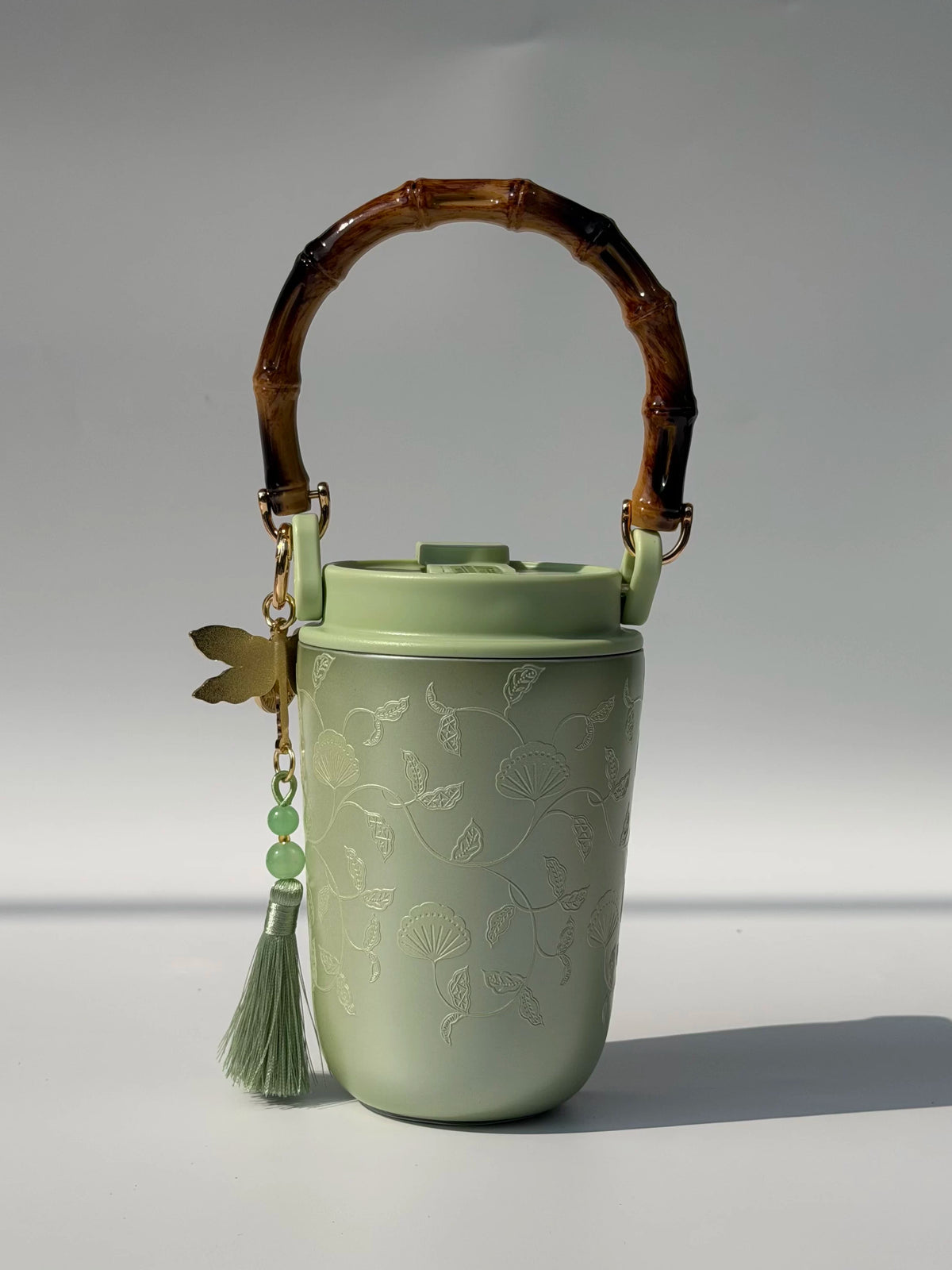 Starbucks cup 2026 spring sequence pattern Chinese green portable bamboo handle double drinking spout stainless steel cup