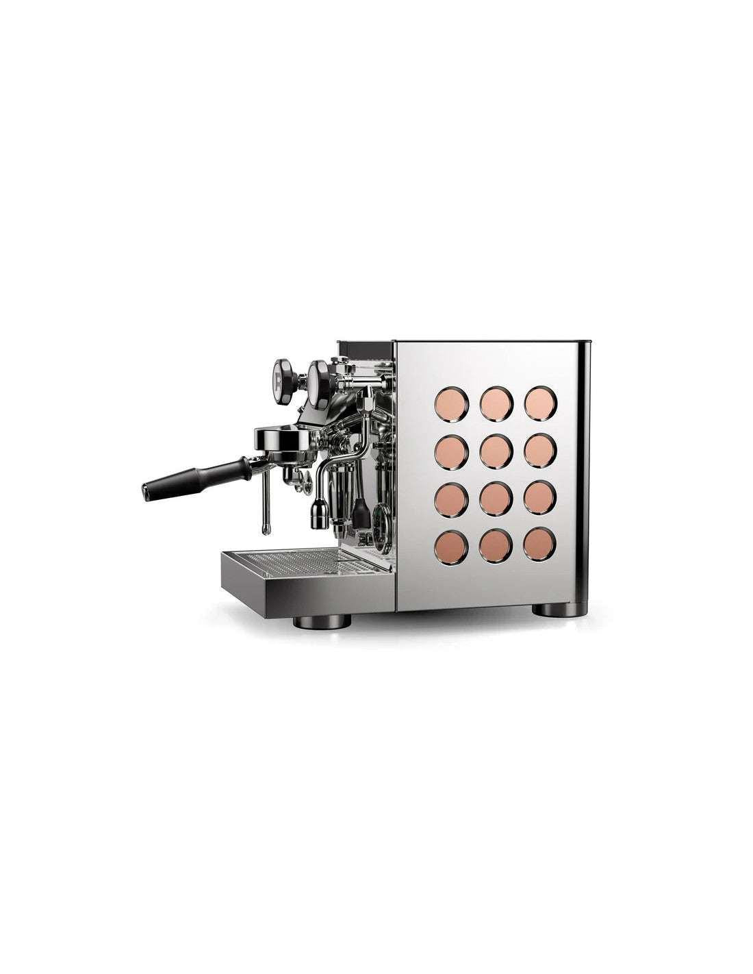 صانعة قهوة Rocket APP TCA باللون الفضي والجانب النحاسي chrome copper side view.