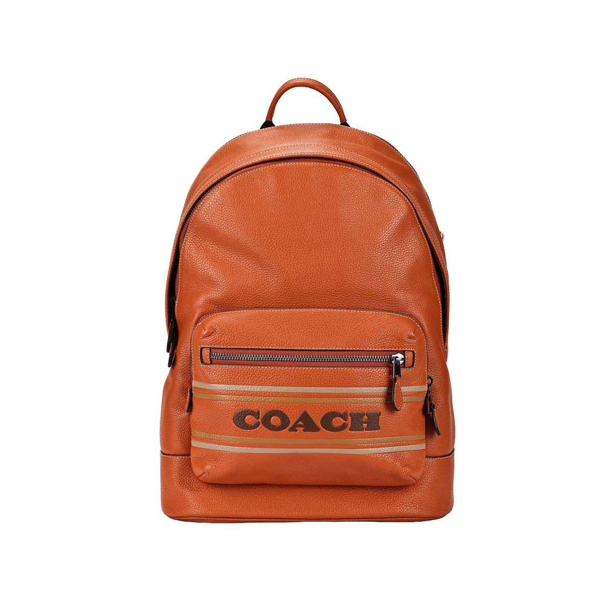 An authentic brown genuine leather Coach backpack featuring the varsity stripe and embossed logo, ideal for back-to-school and daily travel.

حقيبة ظهر Coach أصلية من الجلد الطبيعي بني تتميز بشريط الفرسي والشعار البارز، مثالية للعودة للمدرسة والتنقل اليومي.