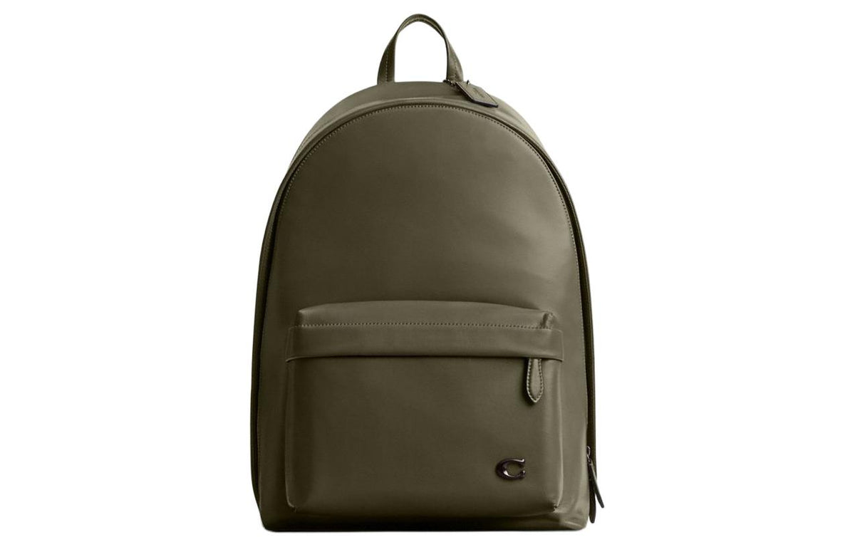 Full front view of an authentic Coach Westway 32 olive green leather backpack with front zipped compartment, perfect for back-to-school season.

عرض أمامي كامل لحقيبة ظهر كوتش ويست واي 32 أصلية جلد باللون الزيتي مع جيب أمامي بسحاب، مثالية لموسم العودة للمدرسة.
