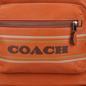 Detailed close-up of the printed Coach logo and metallic zipper on the front pocket of a brown genuine leather backpack.

لقطة قريبة مكبرة لشعار Coach المطبوع والسحاب المعدني على الجيب الأمامي لحقيبة ظهر من الجلد الطبيعي بني.