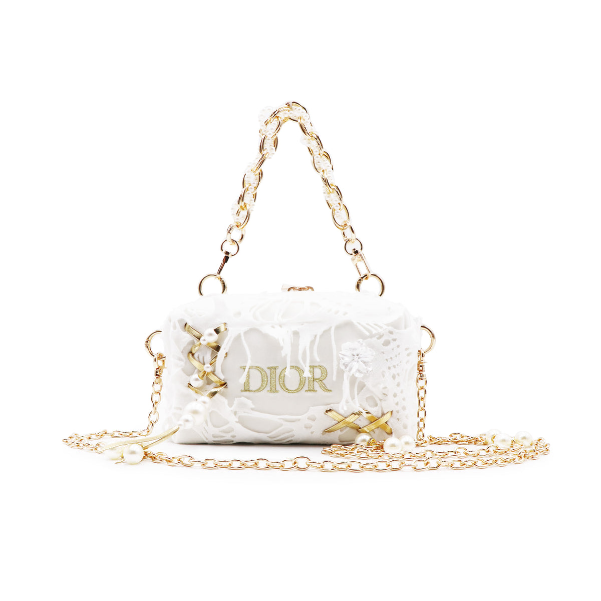 DIOR [Custom Makeup Bag] Steam Puppet Armstanton Love Letter Metal Chain Plant Fiber Low Luxury Artistic Style Portable Storage Shoe Crossbody Handbag Platinum
