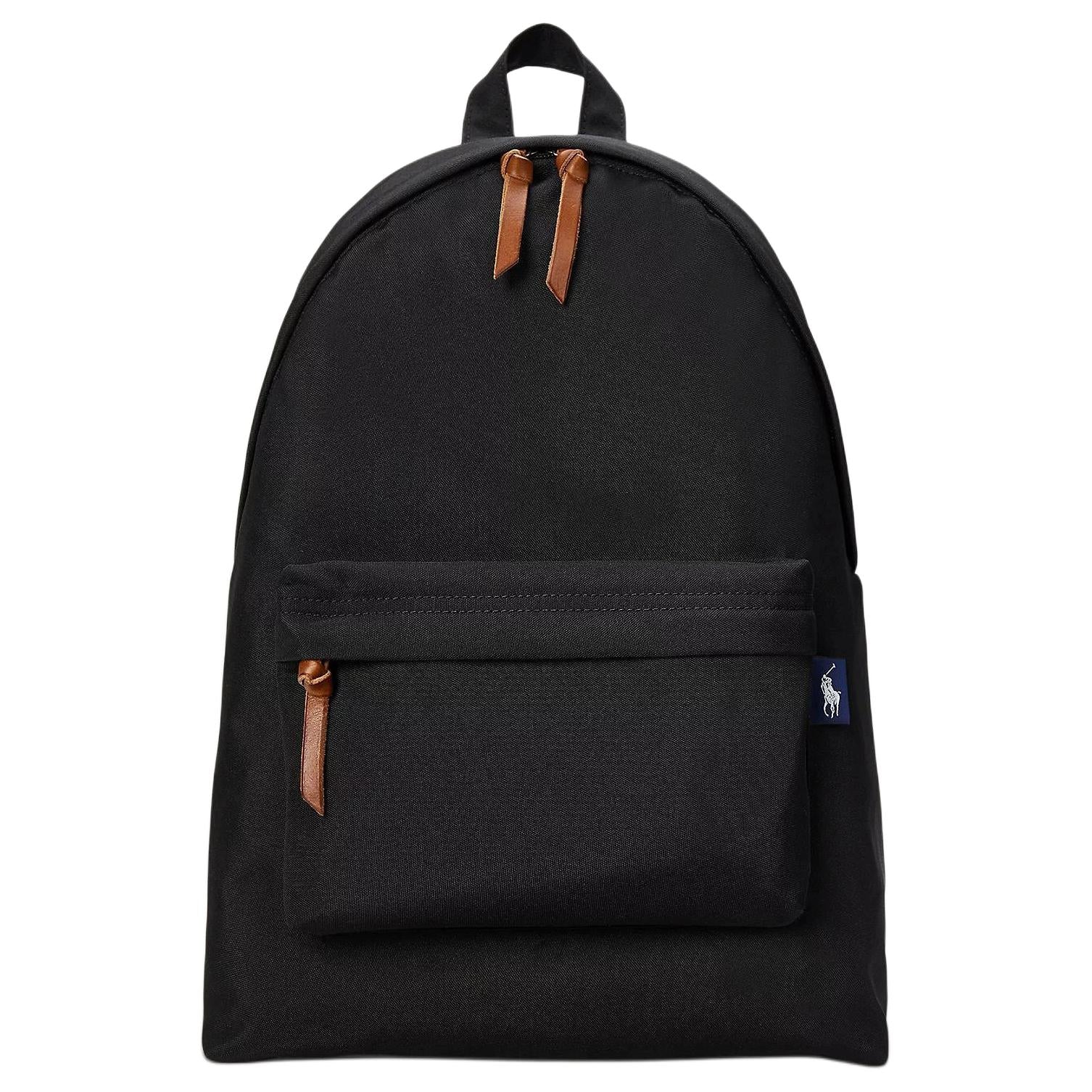 Full front view of an authentic Polo Ralph Lauren black backpack with brown leather zipper straps, perfect for students for back-to-school.

عرض أمامي كامل لحقيبة ظهر Polo Ralph Lauren أصلية باللون الأسود مع أشرطة سحاب جلدية بنية، مثالية للطلاب لموسم العودة للمدرسة.