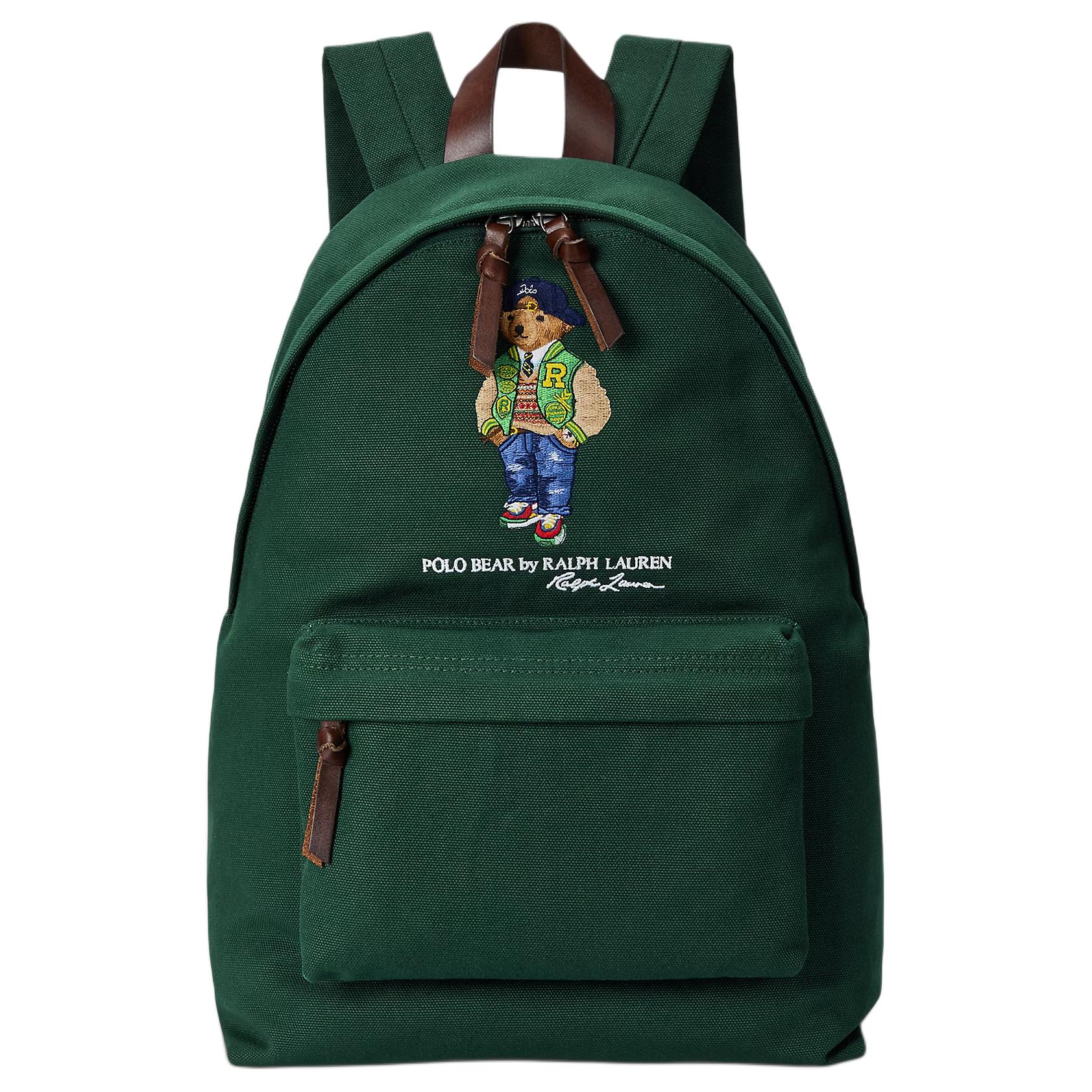 Full front view of an authentic Ralph Lauren Polo Bear green backpack with brown leather handle and zipper straps, perfect for back-to-school season.

عرض أمامي كامل لحقيبة ظهر Ralph Lauren Polo Bear باللون الأخضر أصلية مع مقبض وأشرطة سحاب من الجلد البني، مثالية لموسم العودة للمدرسة.