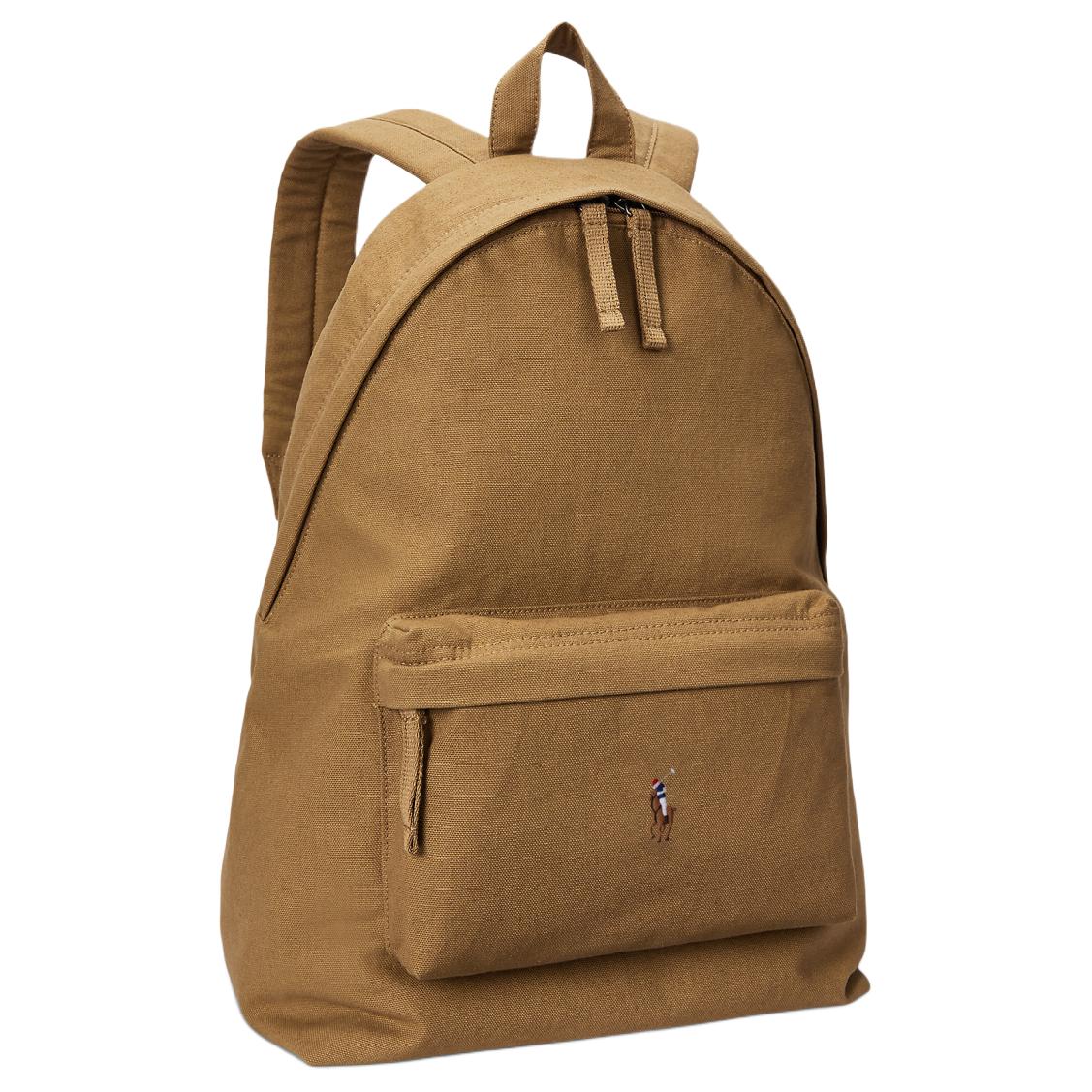 Side angle view of an original Ralph Lauren camel backpack showing durable canvas material and spacious design for school essentials.

عرض من الزاوية الجانبية لحقيبة ظهر رالف لورين أصلية باللون الجملي يوضح القماش المتين والتصميم الواسع لمستلزمات المدرسة.
