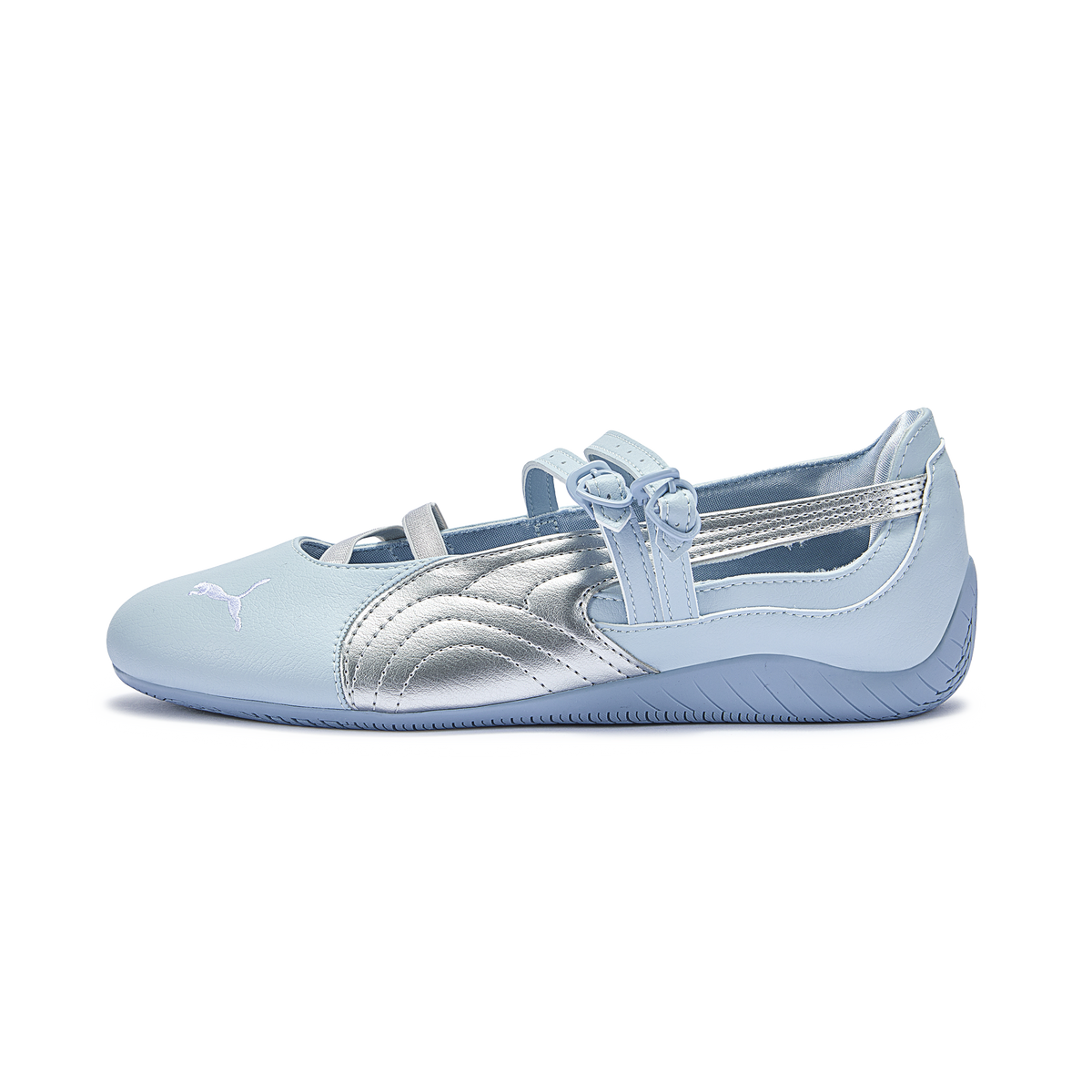 Puma Speedcat Ballet light blue silver shoes side view displaying metallic formstrip detail.