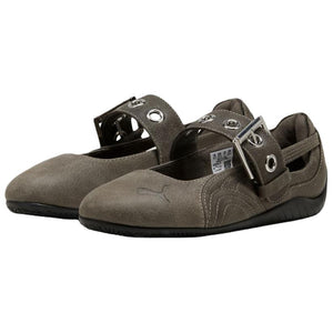 Pair of original Puma Speedcat Ballet Strap olive shoes front angle view on white background.