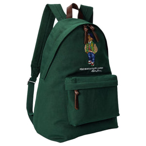 Side angle view of an original Ralph Lauren Polo Bear green backpack showing brown leather zipper pulls and durable canvas fabric for school essentials.

عرض من الزاوية الجانبية لحقيبة ظهر Ralph Lauren Polo Bear باللون الأخضر أصلية يوضح أشرطة السحاب من الجلد البني والقماش المتين لمستلزمات المدرسة.