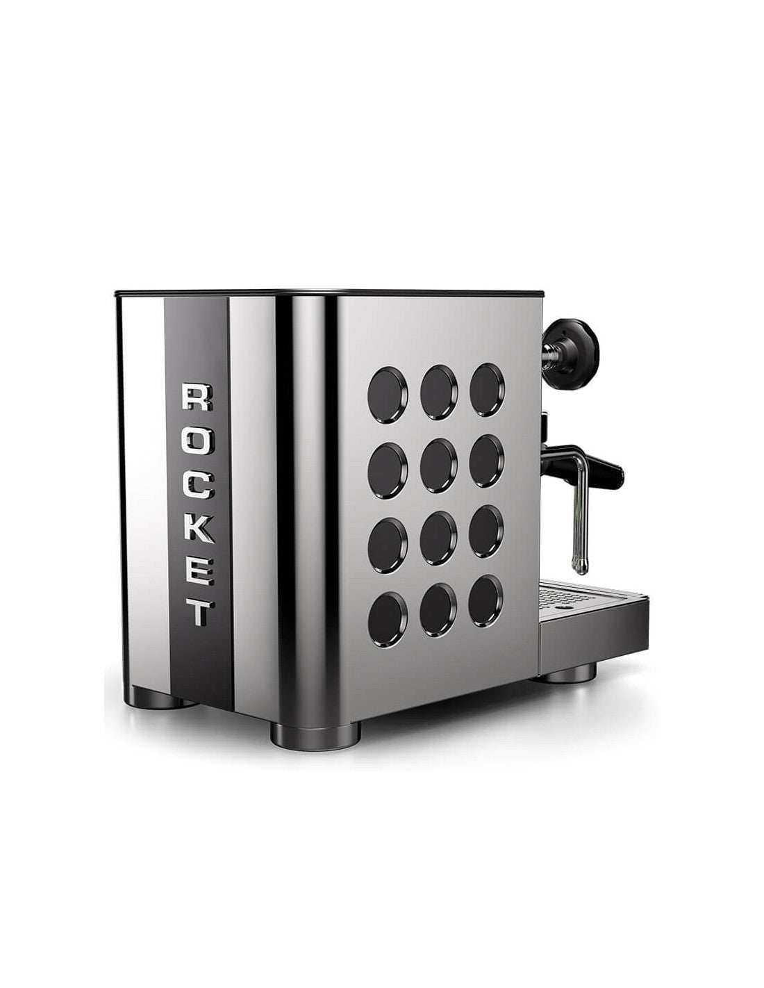 الجانب الفضي المقاوم للصدأ لـ مكينة قهوه Rocket APP TCA chrome side view.